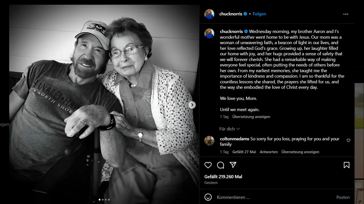 Schauspiellegende Chuck Norris trauert um seine Mutter Wilma (103)